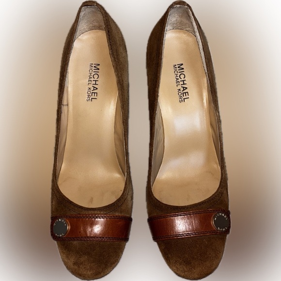 Michael Michael Kors | Brown Suede Pumps | Wooden Heel & Logo Strap | 8.5M - Picture 2 of 11